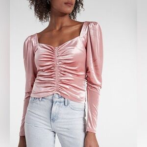 Express Pink Velvet Ruched Puff Sleeve Top Small